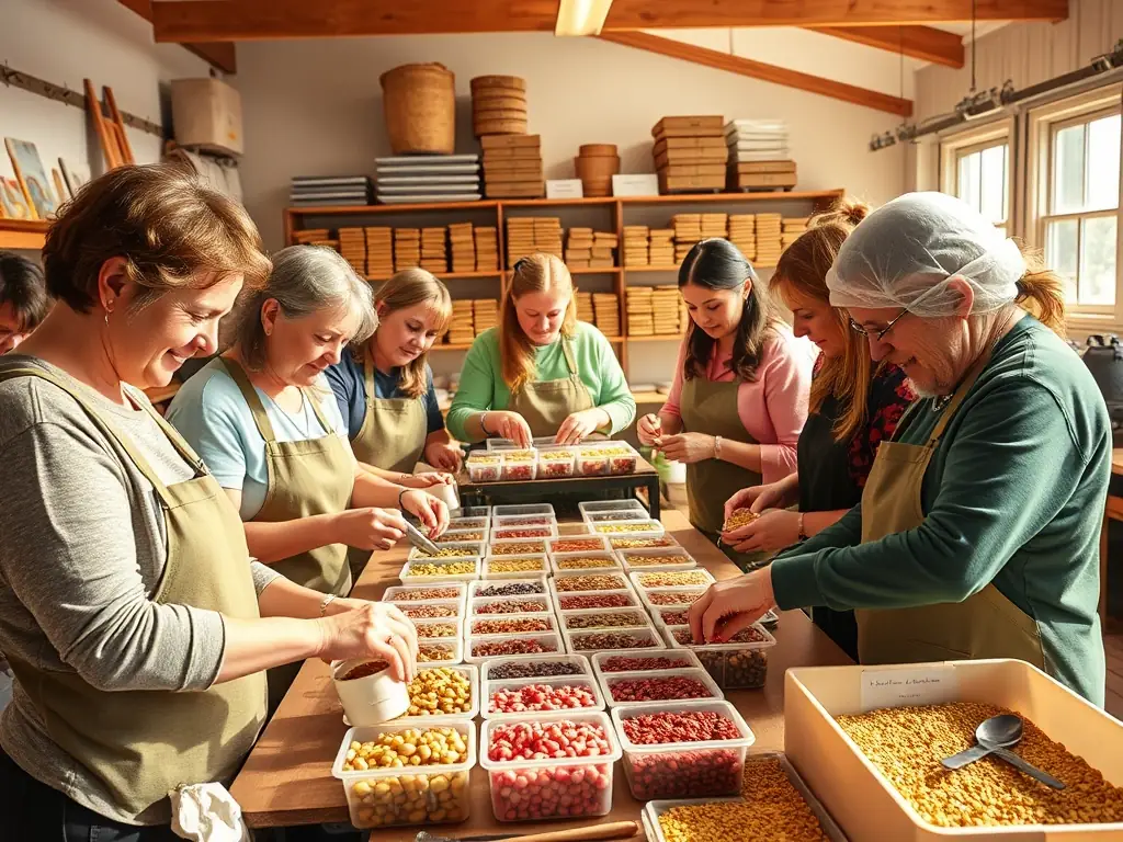 A group of volunteers participating in a seed-saving workshop, carefully collecting and preserving seeds from heritage fruit varieties.