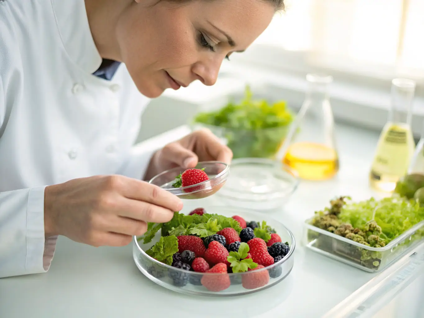 Researchers examining different fruit varieties in a laboratory, highlighting the scientific aspect of fruit heritage preservation.