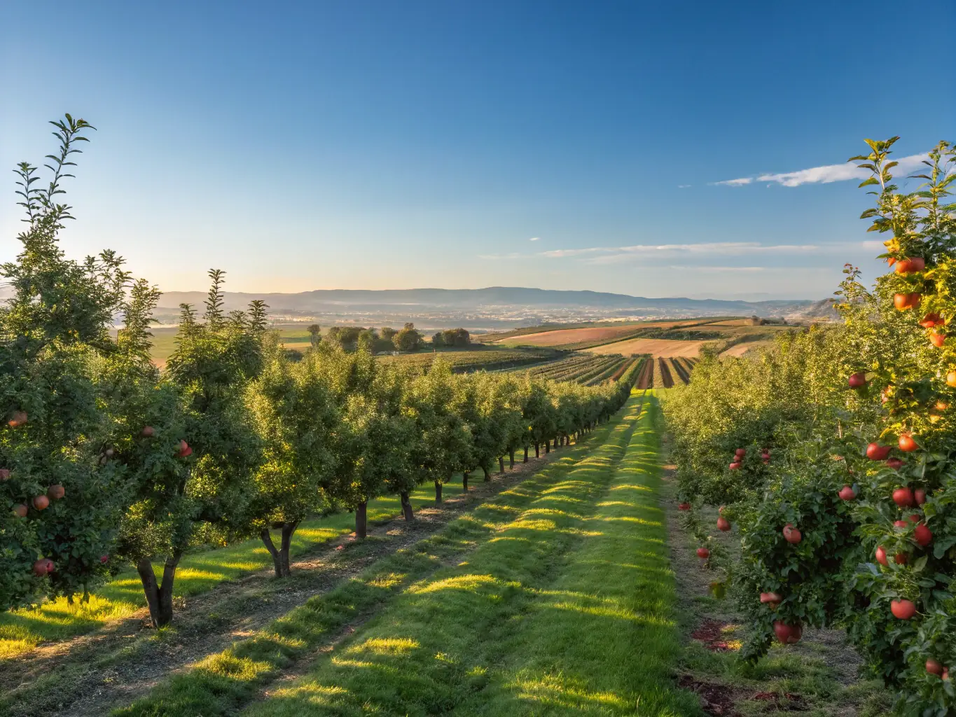 A vibrant orchard scene with diverse fruit trees, showcasing traditional varieties native to the Hers river basin, under a sunny sky.