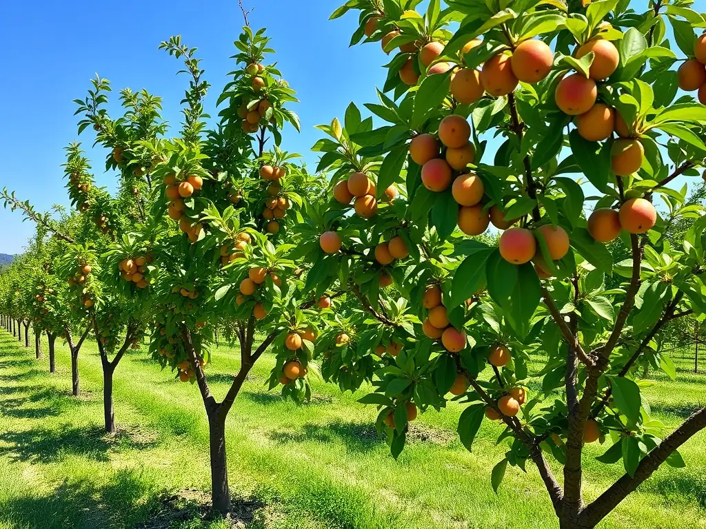 A picturesque image of a traditional fruit orchard in the Hers river basin, highlighting the sustainable management of natural resources.