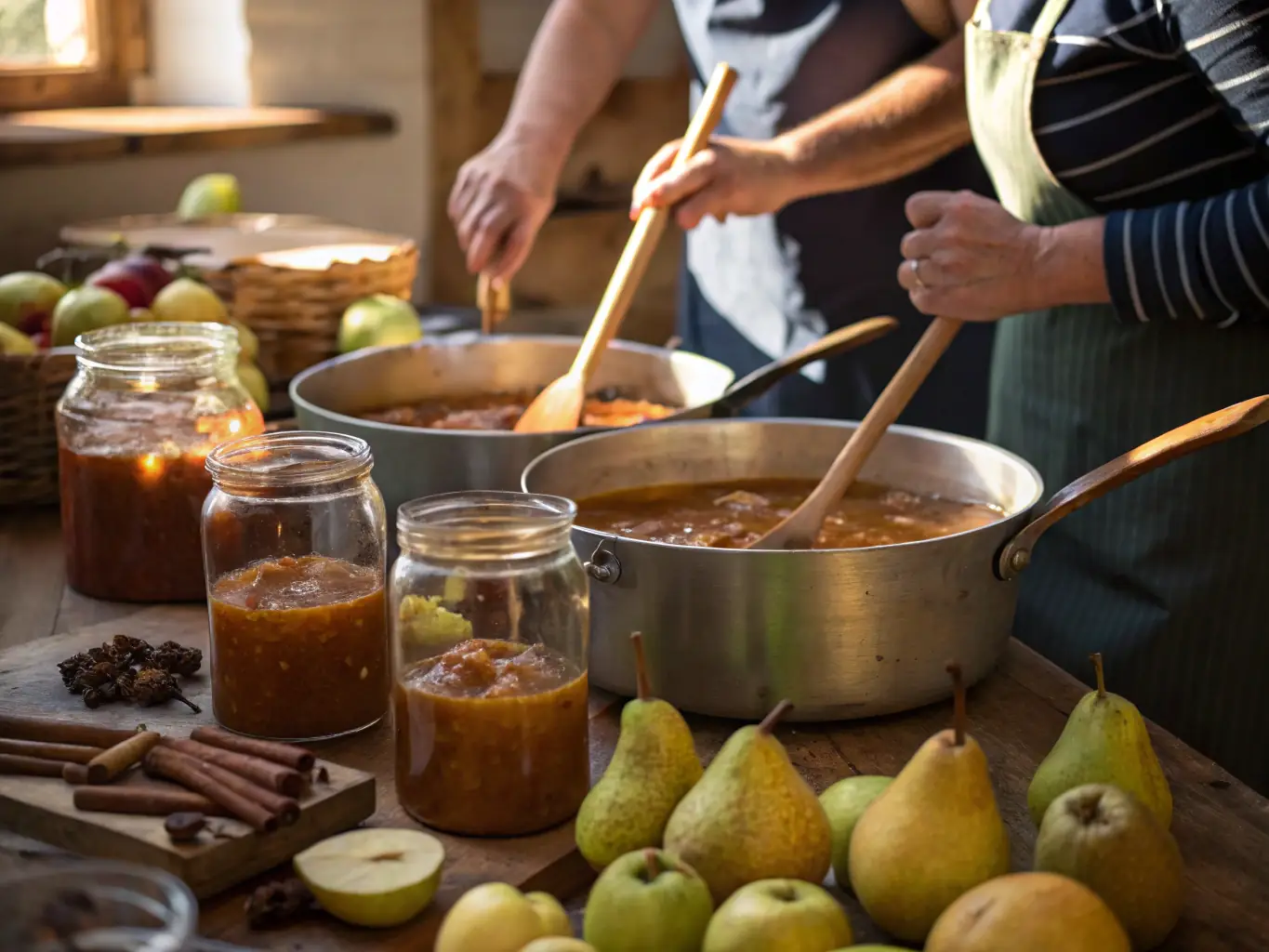 A workshop session where participants are learning about traditional fruit preservation techniques, such as making jams and preserves.