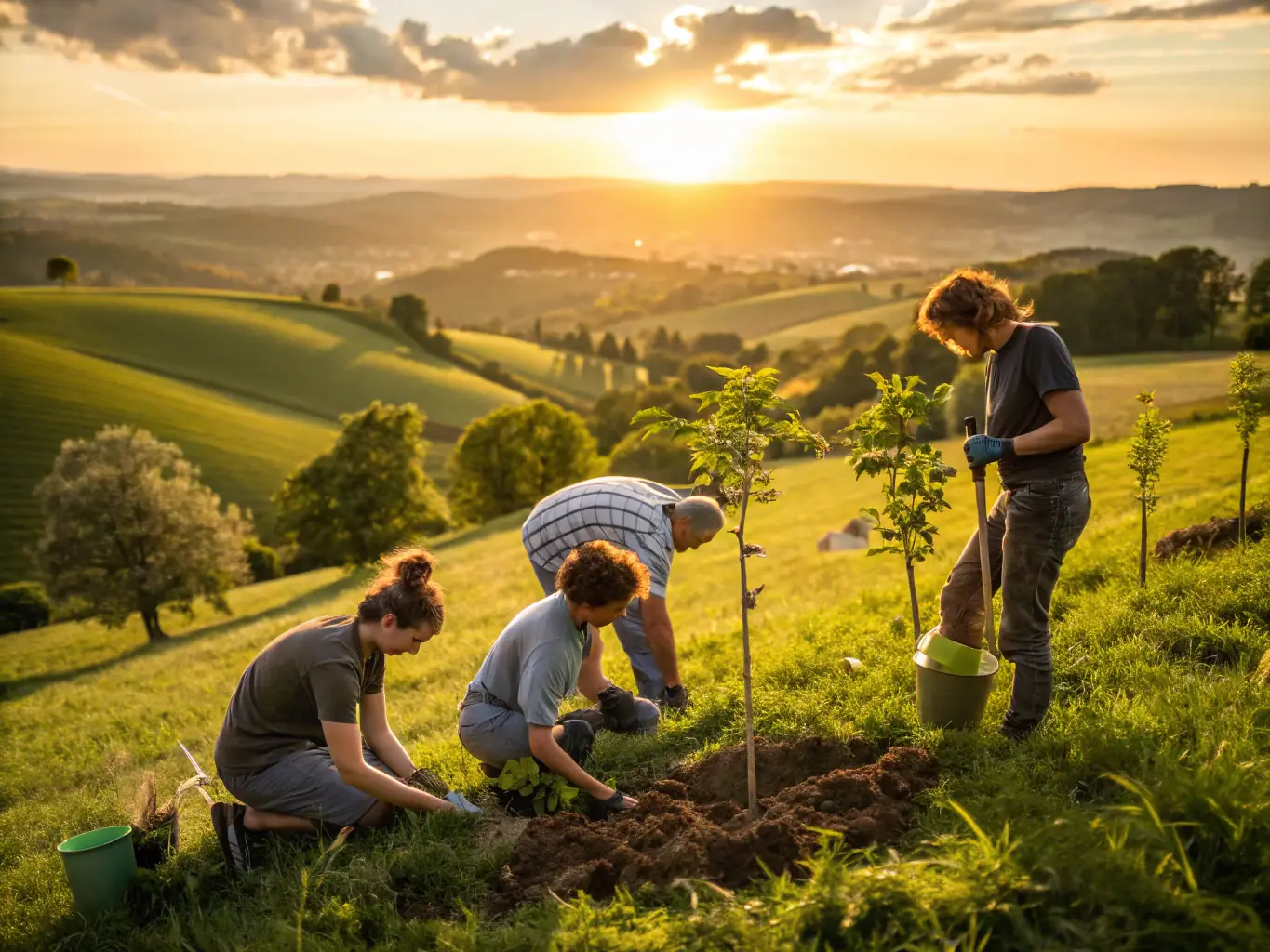A vibrant photograph showcasing a group of volunteers participating in a fruit tree grafting workshop, demonstrating the practical application of agricultural knowledge transfer.