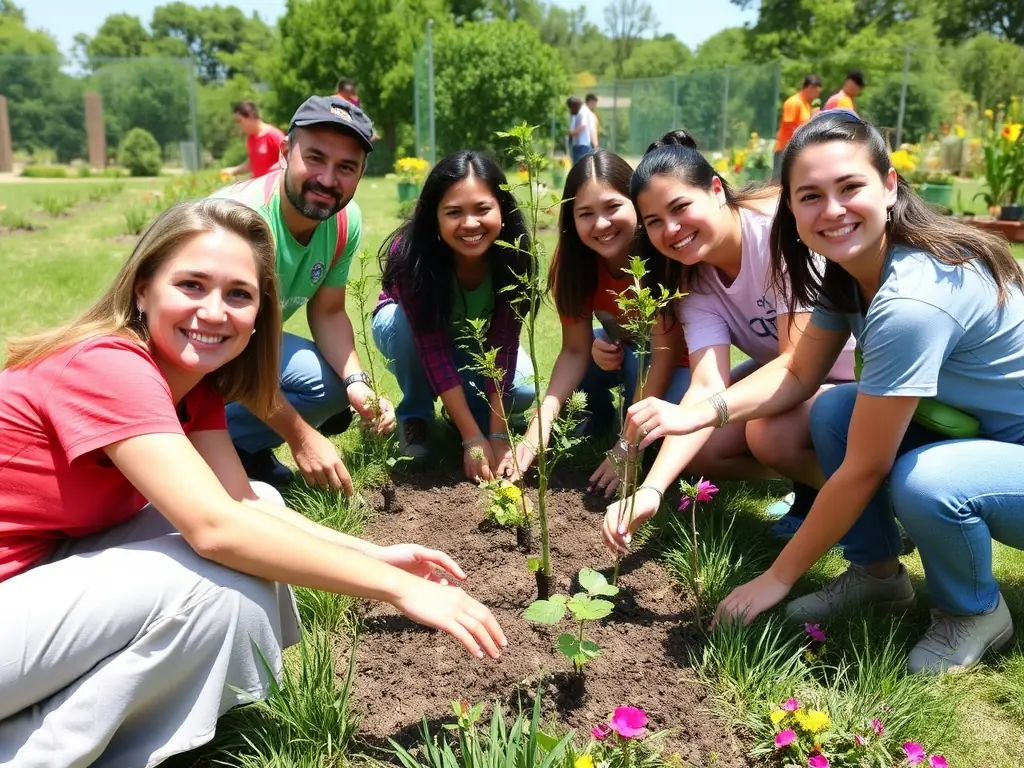 A group of volunteers planting fruit trees in an orchard, showcasing community involvement in preserving fruit heritage.